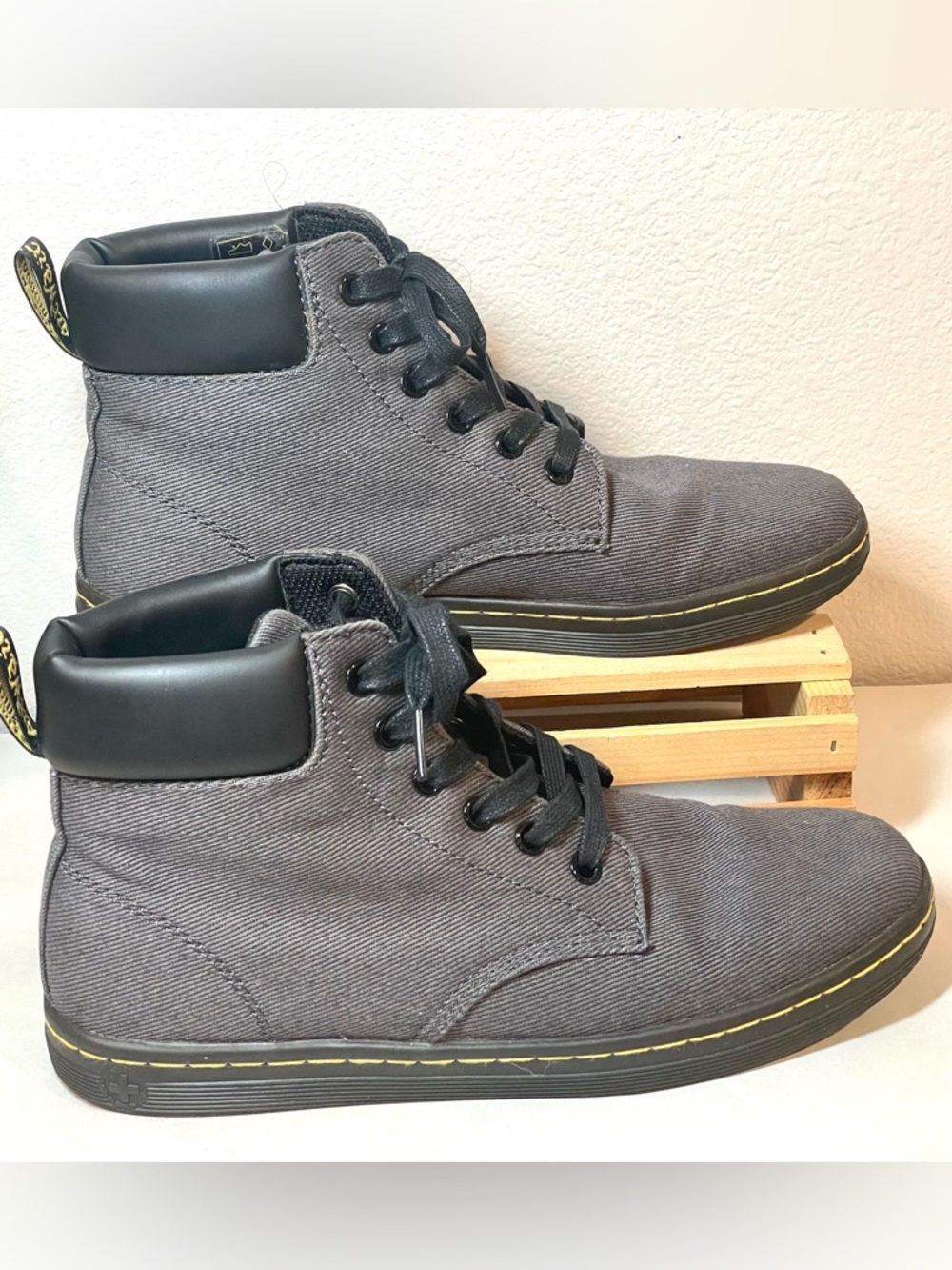 Dr. Martens “Maelly” Gray and Black High-Top Canvas Moto Boots | Like New